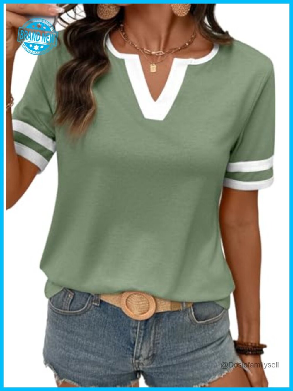 Cotton Blend V Neck Short Sleeve Colorblock T-Shirt Summer Casual Top